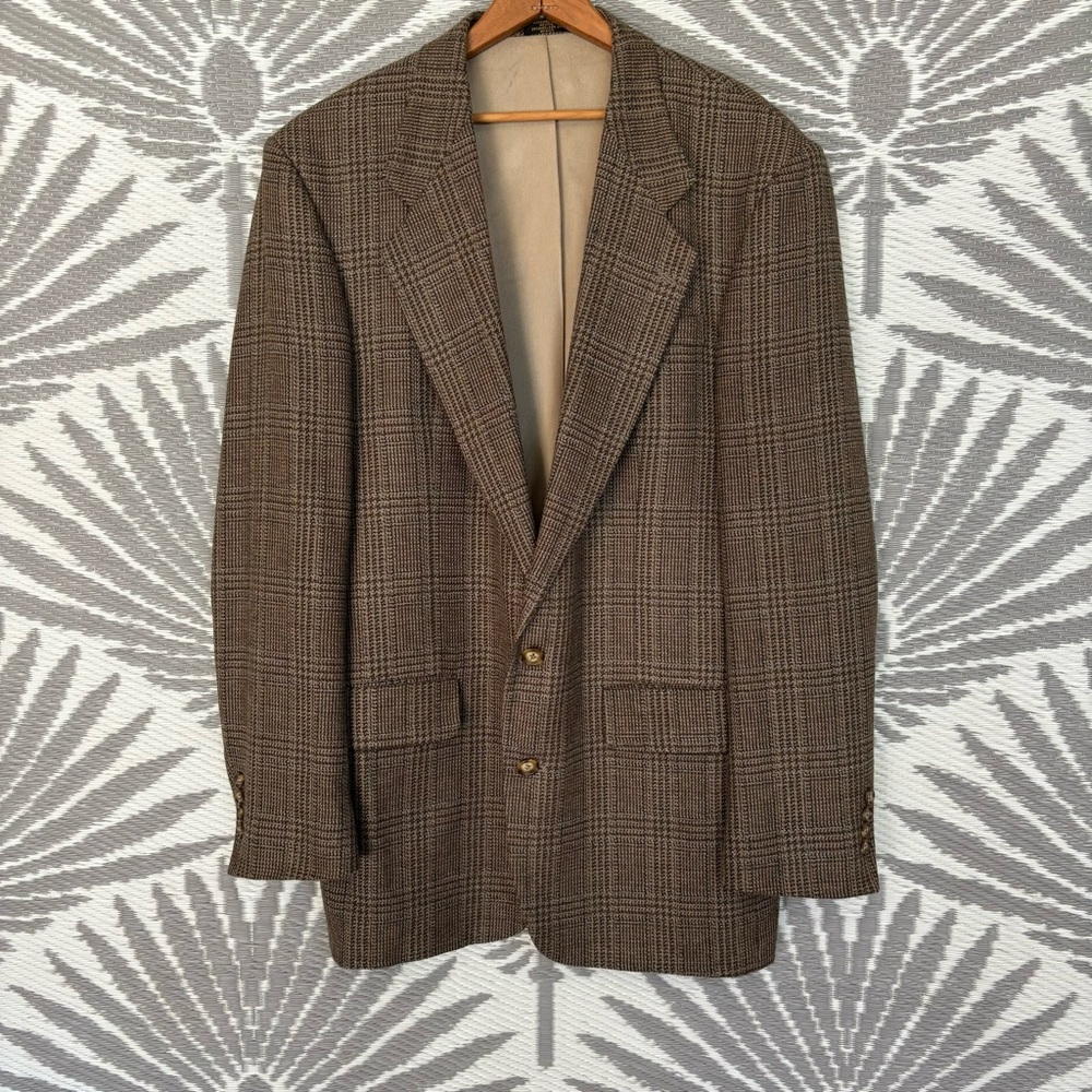 Vtg Plaid Worsted Wool Blazer mens Sz 42 L Brown 80s Mens Sport Coat Preppy Twee